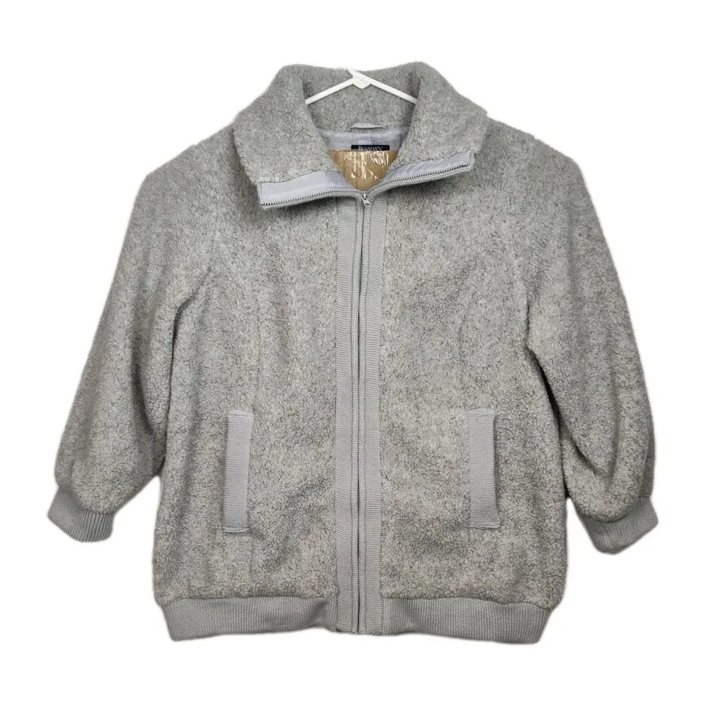 Roaman's Teddy-Bear Jacket Women's 1X 22/24 Gray‎ Full-Zip Pockets Wide Collar